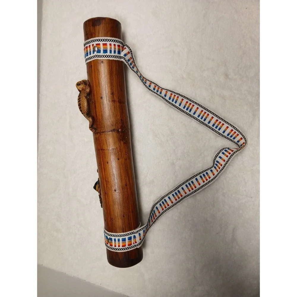 Vintage Hand Carved Bamboo‎ Galapagos Lizard Rainstick Shaker Woven Strap
